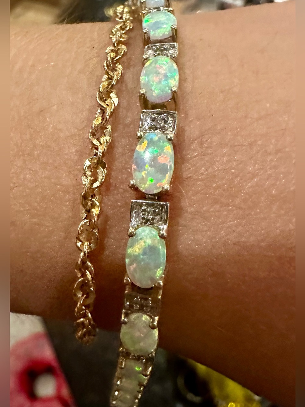 10K Solid Gold Diamond Tennis Bracelet w Natural Opal Solid 10K gold bracelet